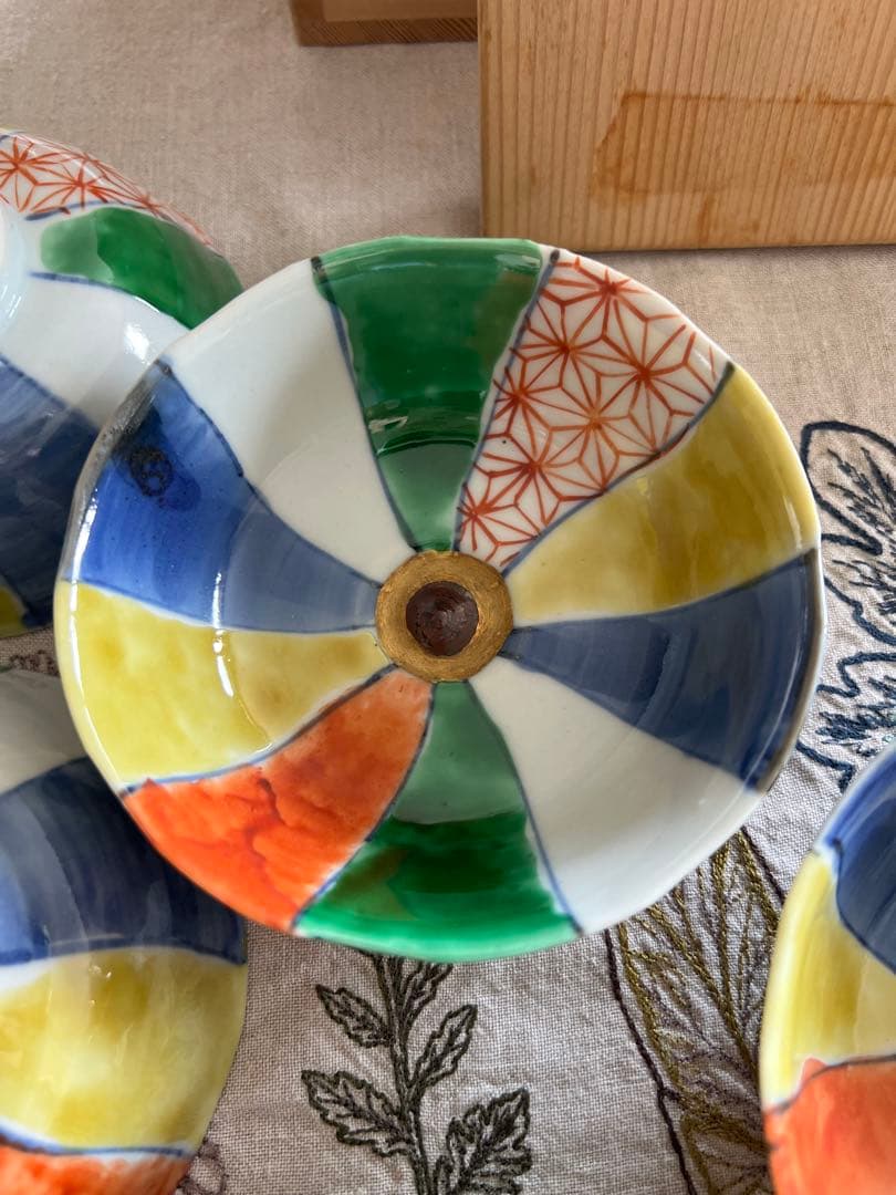 須田菁華　九谷焼 染錦 紙風船文鉢 向付 x 5客　共箱　布付