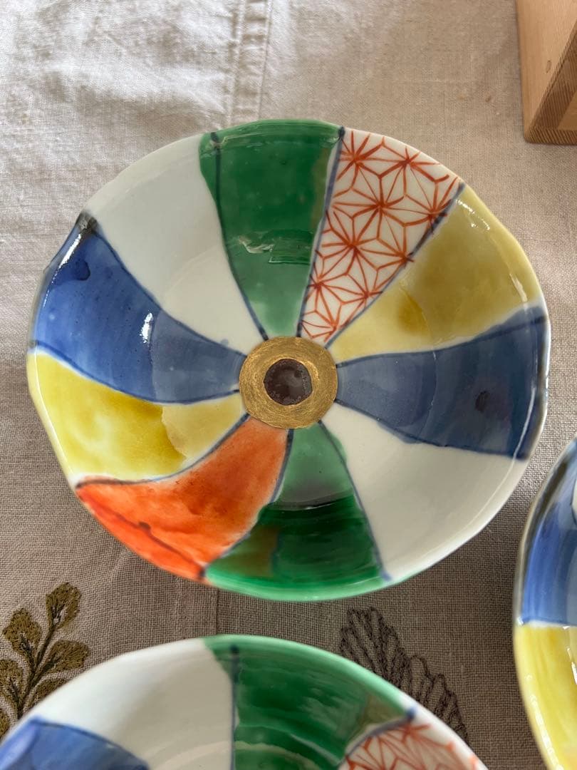 須田菁華　九谷焼 染錦 紙風船文鉢 向付 x 5客　共箱　布付