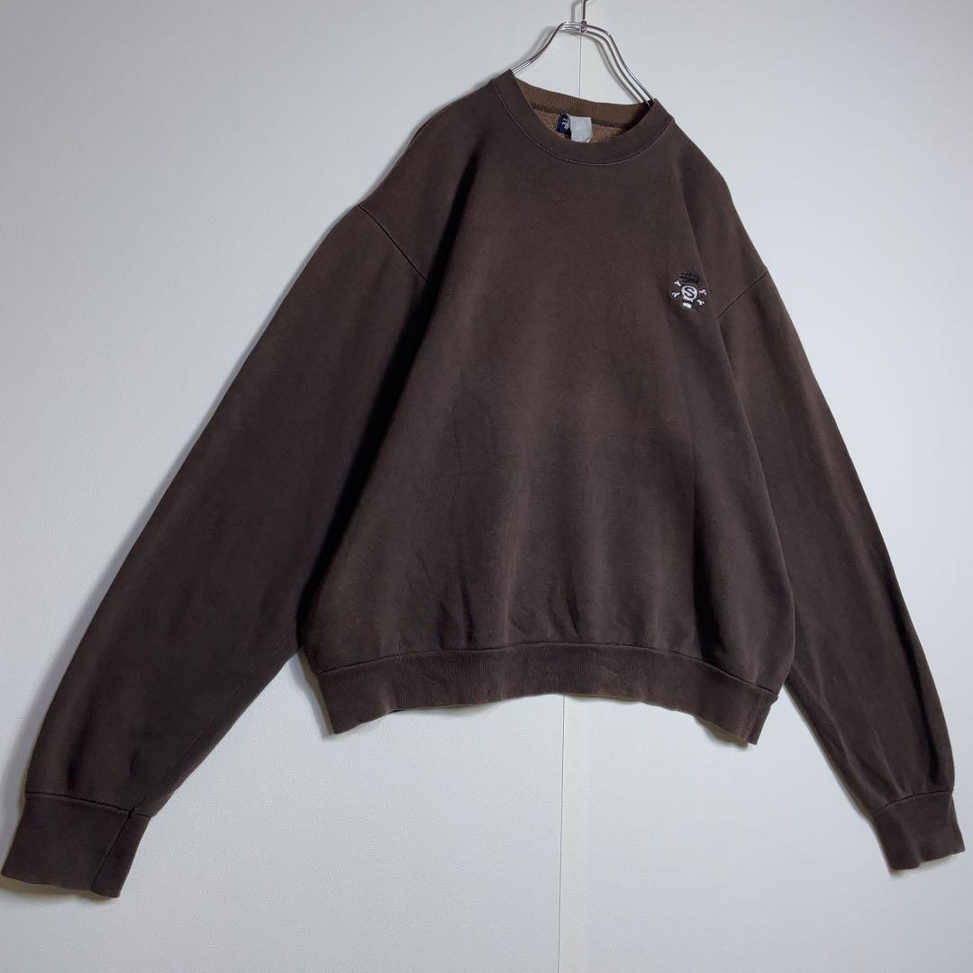 【超希少】ステューシー スウェット 90s スカル ワンポイント刺繍ロゴ 茶