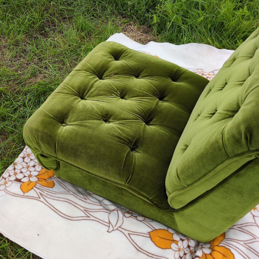 昭和レトロ オールド カリモク グリーン モケット 1人掛け ソファ①ベルベット