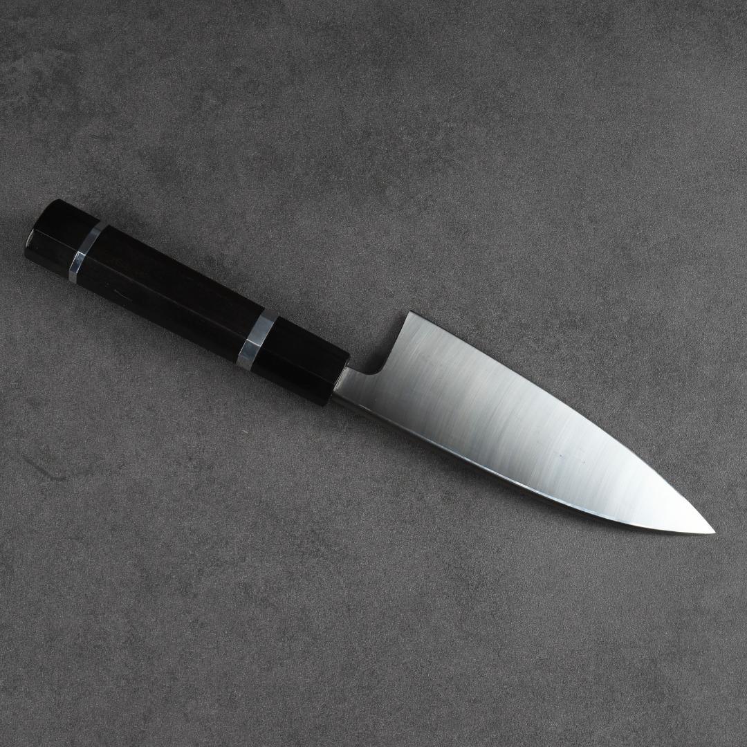 6943 出刃包丁 5寸 刺身包丁 本出刃 和包丁 黒檀黒水牛角二本銀巻八角柄