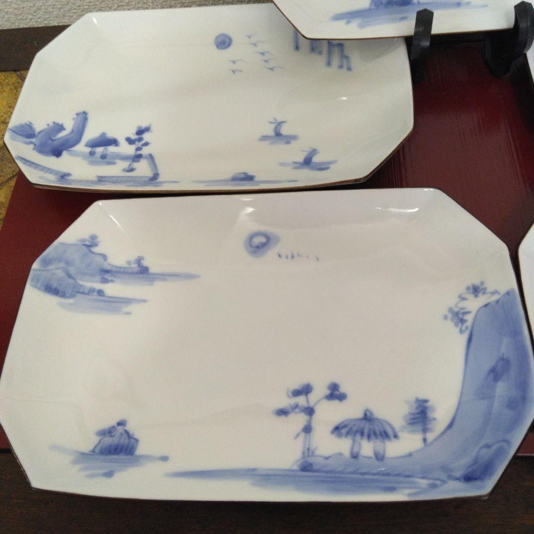 深川製磁　百年庵　染付山水　絵変わり　焼物皿　長角皿　5枚組