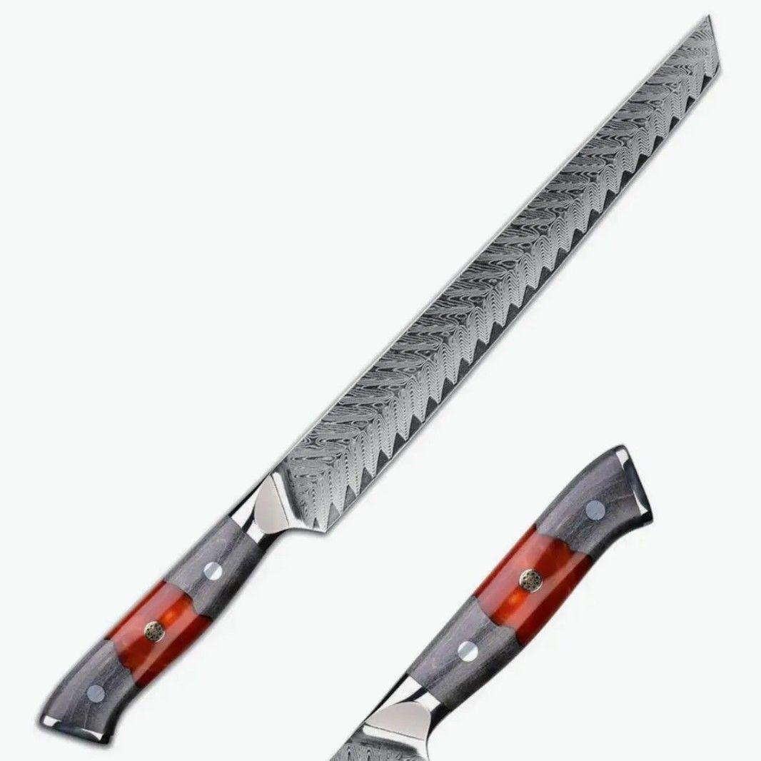 刺身包丁VG10　73層ダマスカス鋼　先丸　筋引き　両刃　柳　刺身　包丁　赤柄