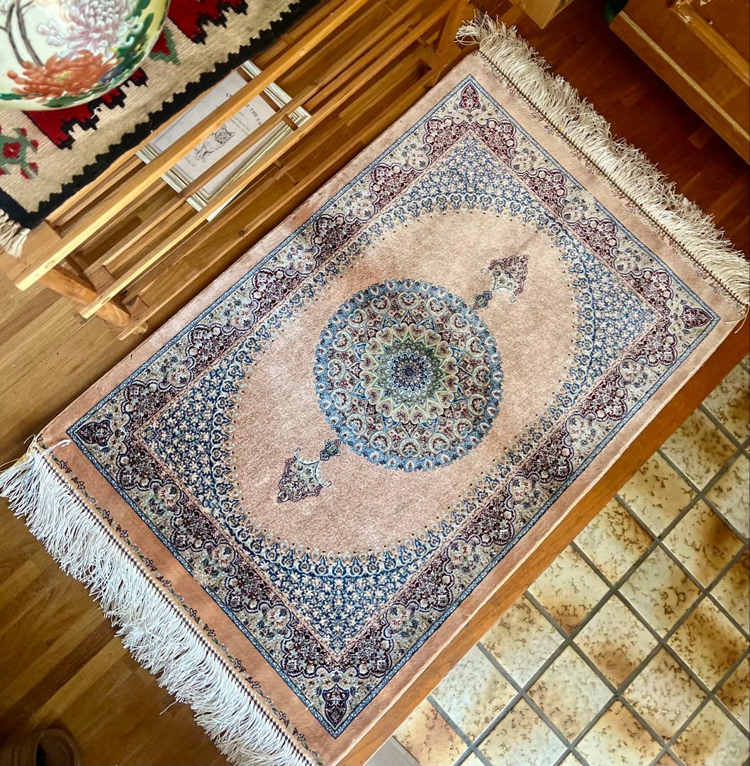 イラン、シルク銀柑敷物/サイズ:60x90cm…..mp1.