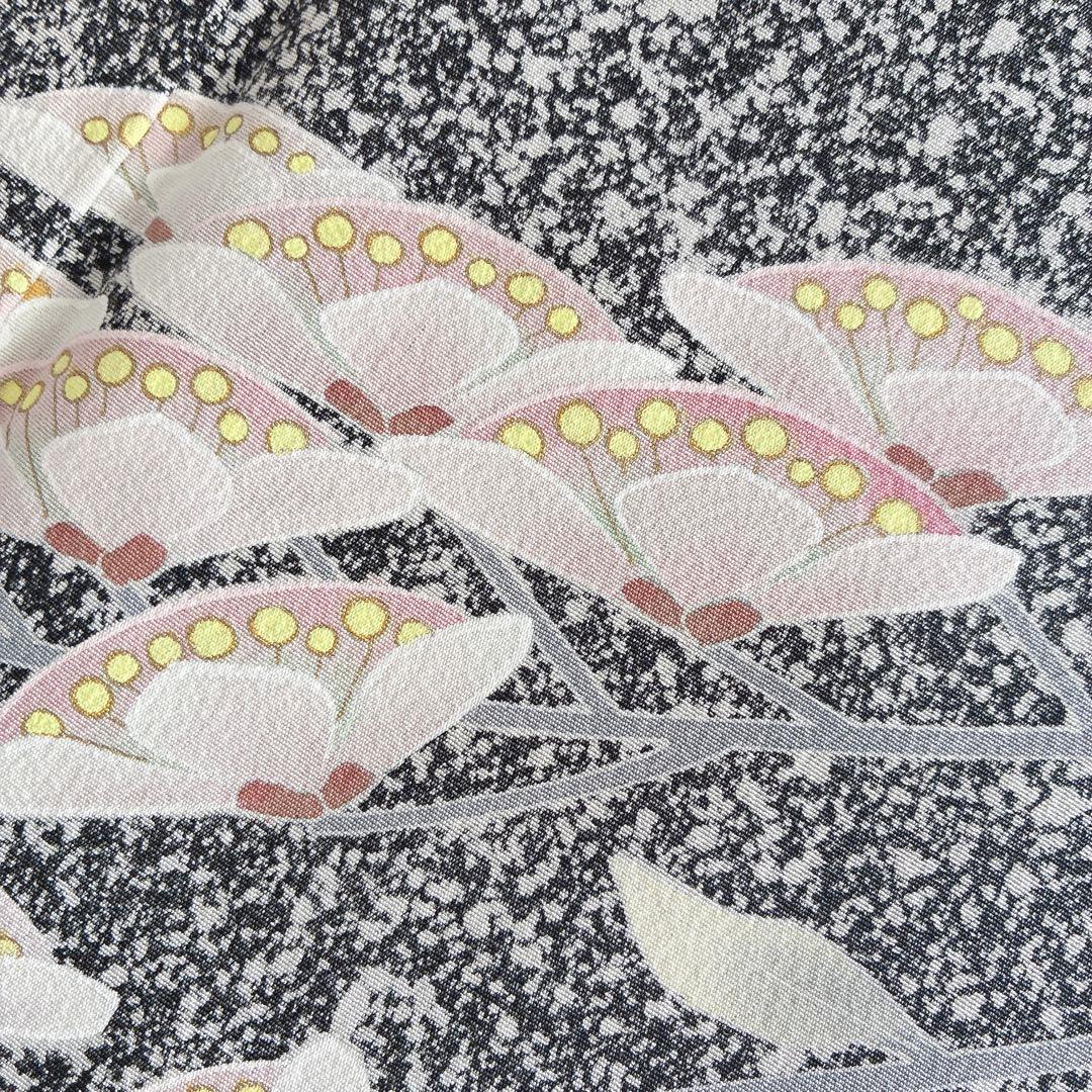 訪問着　フルセット　着物　正絹　黒　たたき染　大人モノトーン　墨花模様　N3