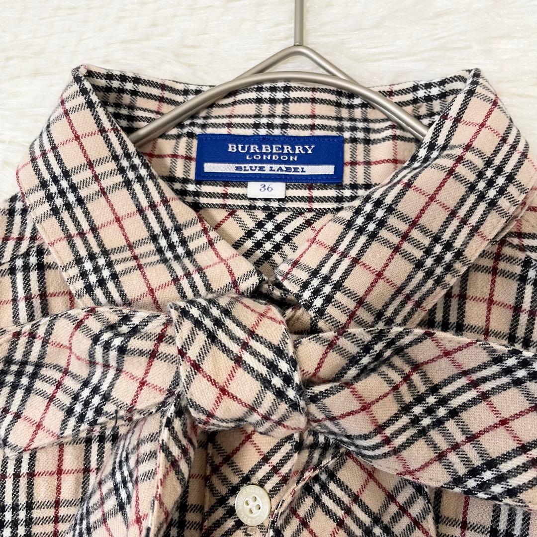 バーバリーブルーレーベル ノバチェック ボウタイリボン ブラウス コットン 36