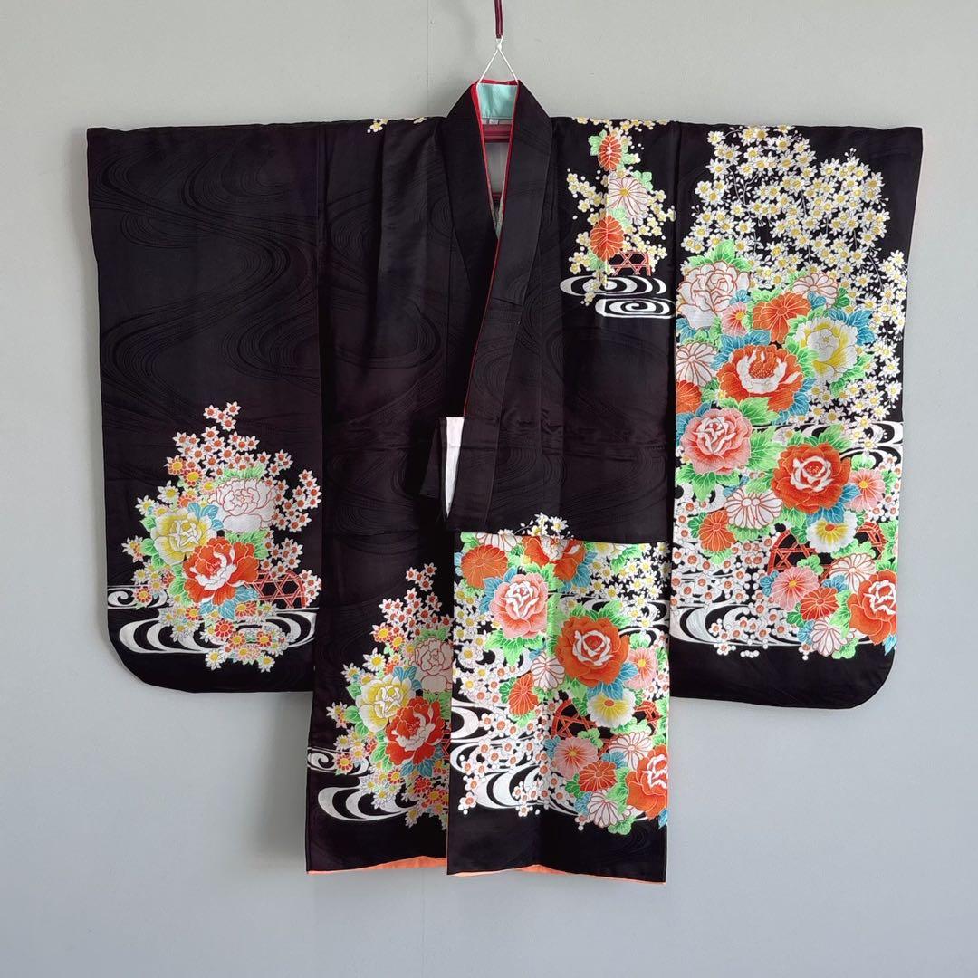 フルセット　七五三７歳女の子　黒地花　緑地袋帯正絹　花菱　半襦袢　7100