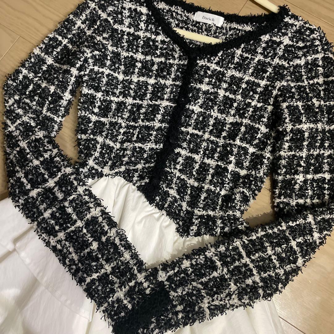 Darich ボリュームフリルツイードニットミニワンピース BLK