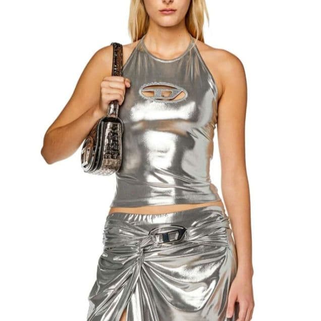 新品タグ付き DIESEL キャミソール シルバー メタル ホルターネック XS