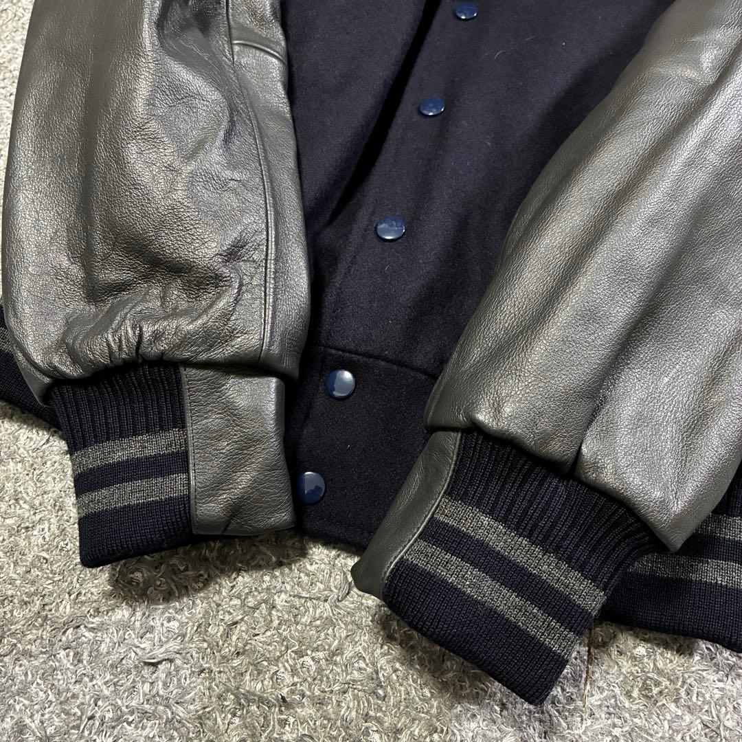 【未使用】COMME ÇA DU MODE Jeans 袖革スタジャン 紺×黒