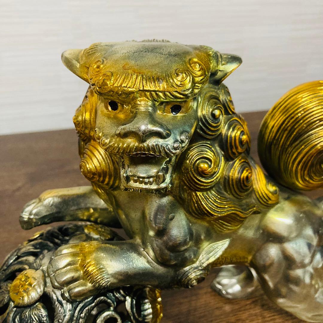金属製　玉獅子　獅子　置物　インテリア　縁起物　玉乗り　金属工芸　工芸品　骨董品