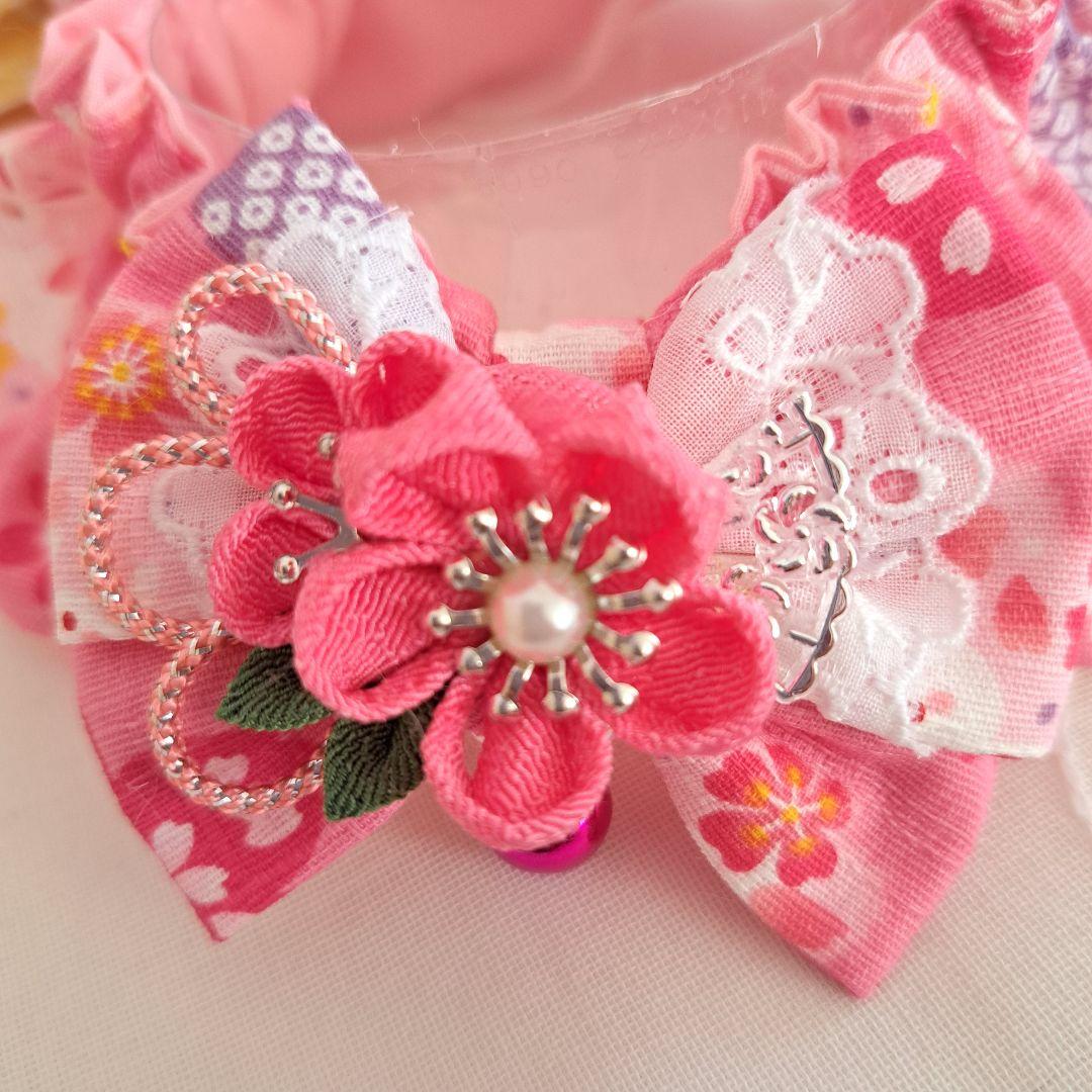 marin☆、幅広シュシュ和風つまみ細工(ピンク)わんちゃん猫ちゃん用