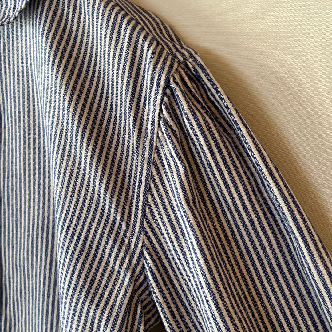 45R ストライプ柄 丸襟 コットンシャツ ブラウス 綿100% サイズ2 青白