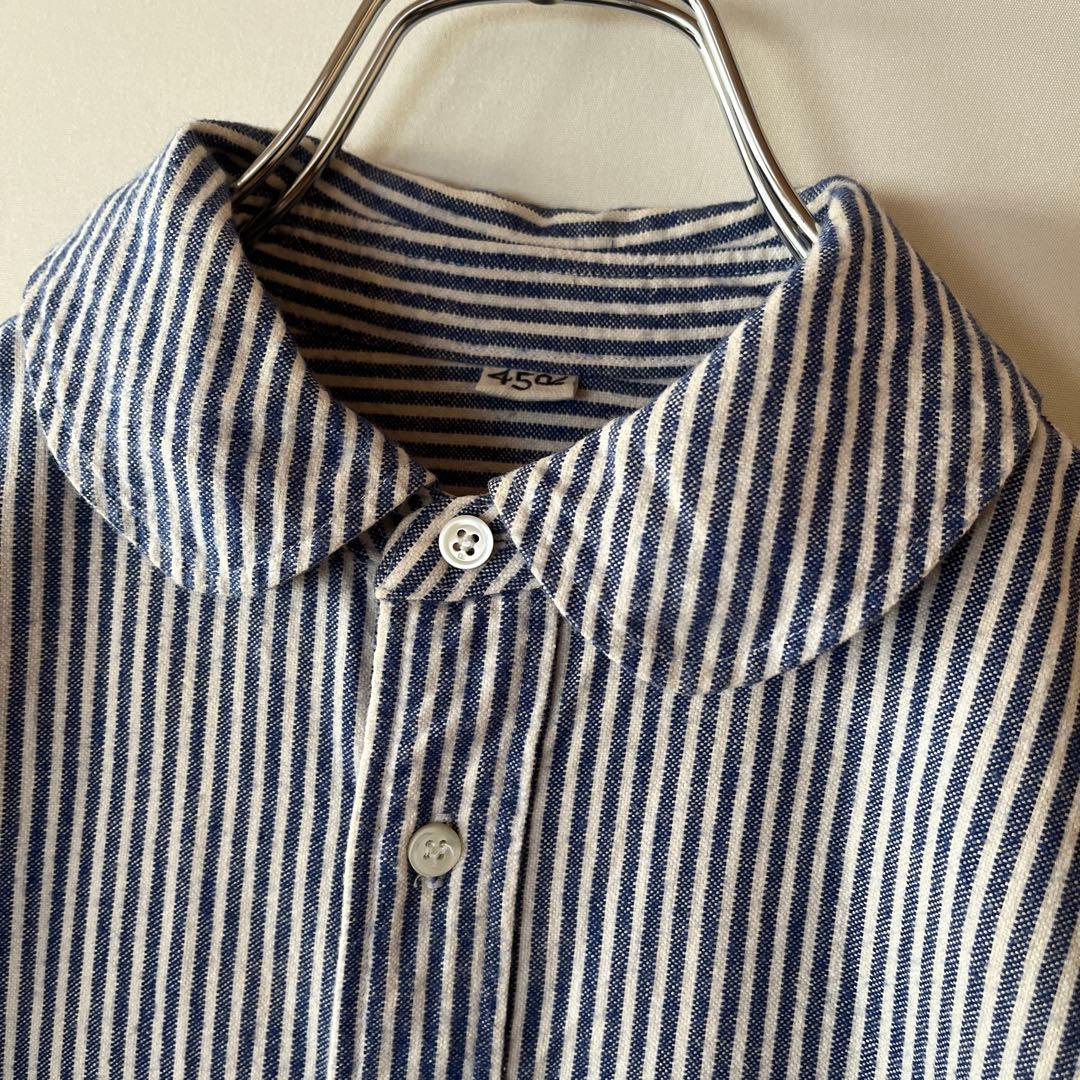 45R ストライプ柄 丸襟 コットンシャツ ブラウス 綿100% サイズ2 青白