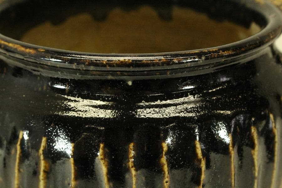 中国美術 黒釉 條紋壷 水指 茶道具伝来(ZE735)