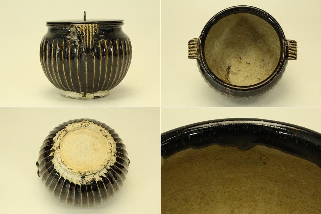中国美術 黒釉 條紋壷 水指 茶道具伝来(ZE735)