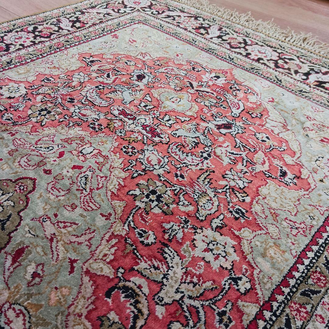 Y3354 高級ペルシャ絨毯 クム シルク100% 手織り メダリオン