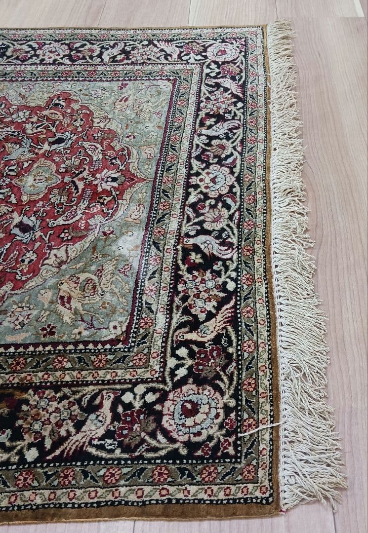 Y3354 高級ペルシャ絨毯 クム シルク100% 手織り メダリオン