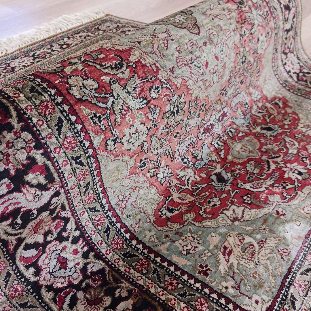 Y3354 高級ペルシャ絨毯 クム シルク100% 手織り メダリオン