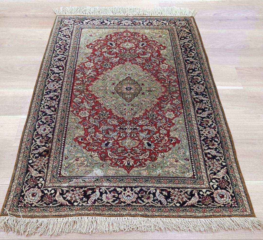 Y3354 高級ペルシャ絨毯 クム シルク100% 手織り メダリオン