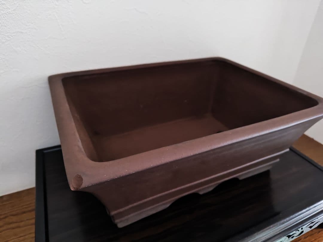 茶色の陶器製長方形盆栽鉢 太山　落款あり　希少　大型