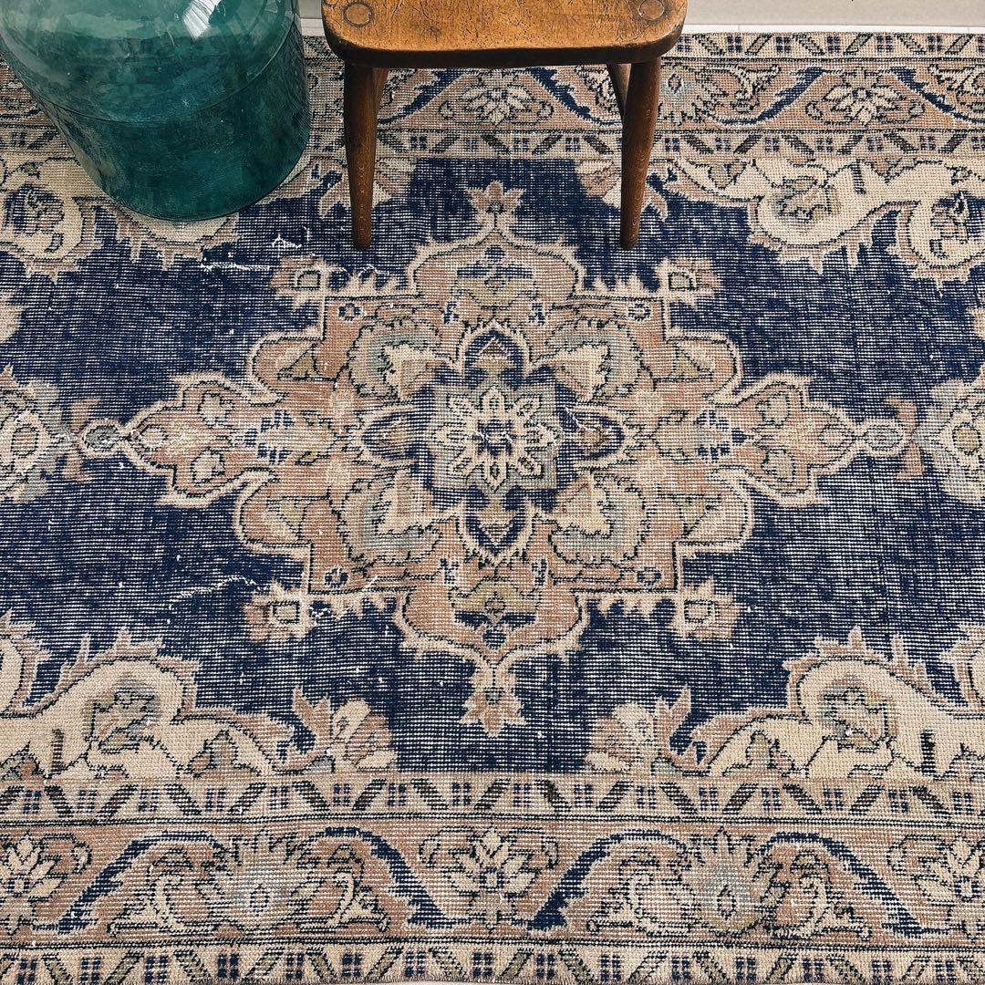 トルコ　ヴィンテージラグ　ネイビー　メダリオン　希少