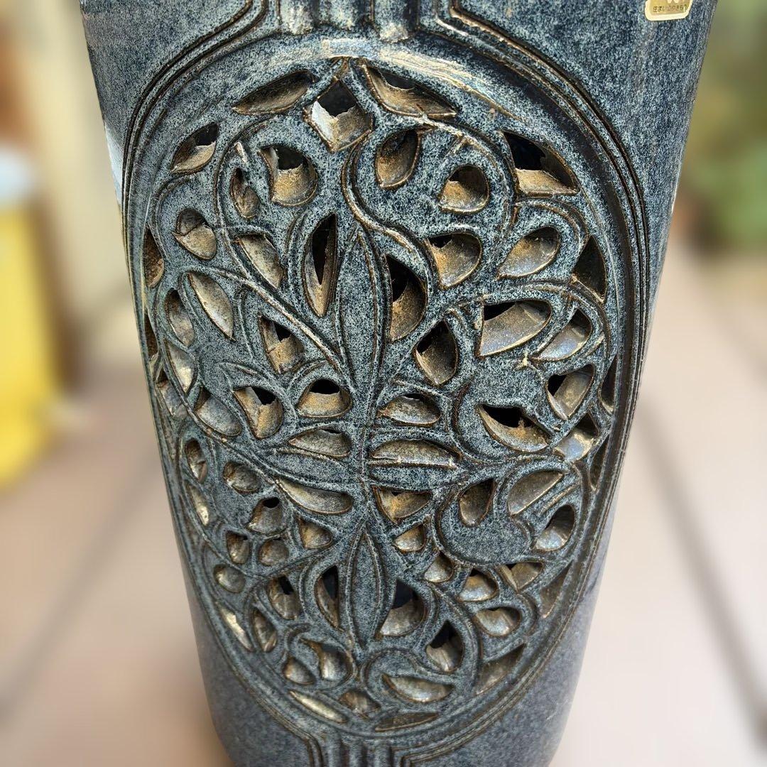 昭和レトロ 信楽焼 大型 陶器製 楕円形 焼き物 傘立て ブルー網目陶器製傘立て