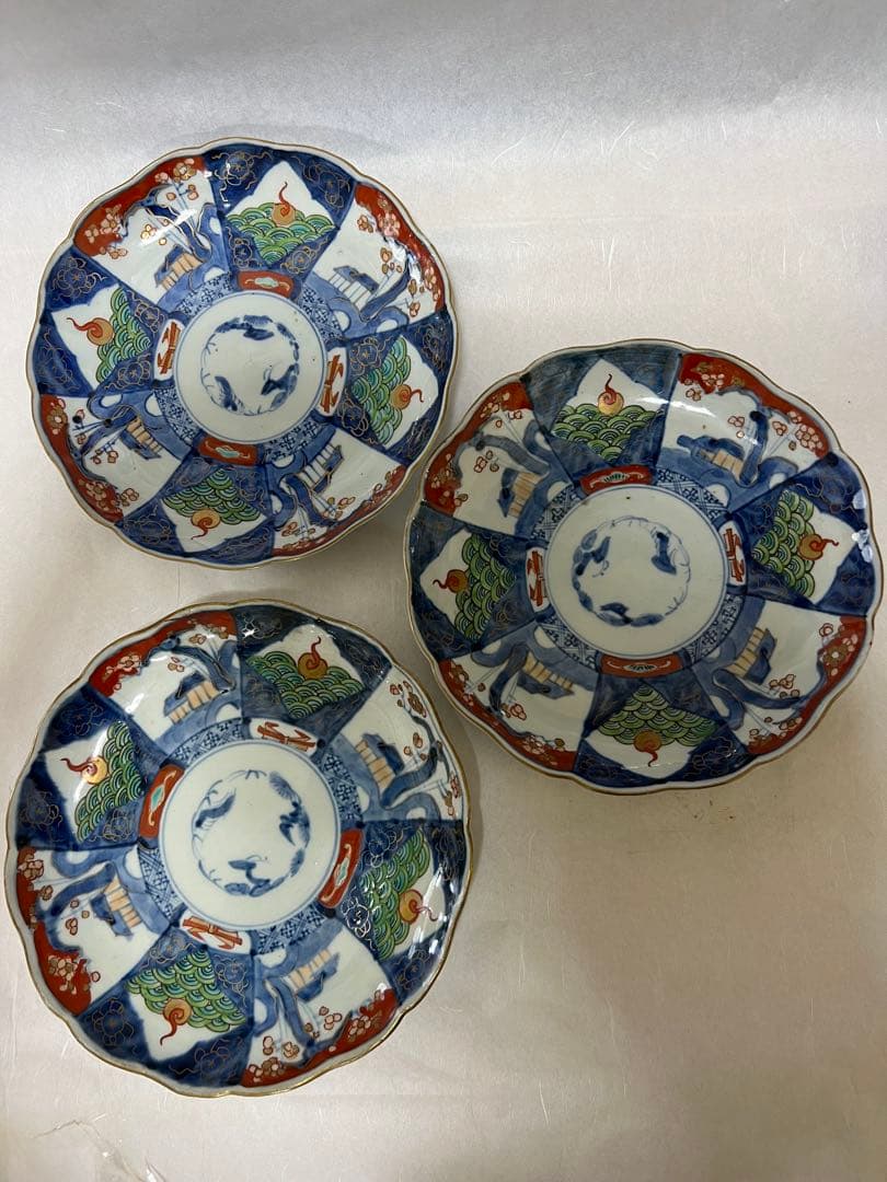 希少江戸時代 富長貴春 豆皿手塩皿 錦絵 色絵金彩時代物6点木箱あり直径21.5