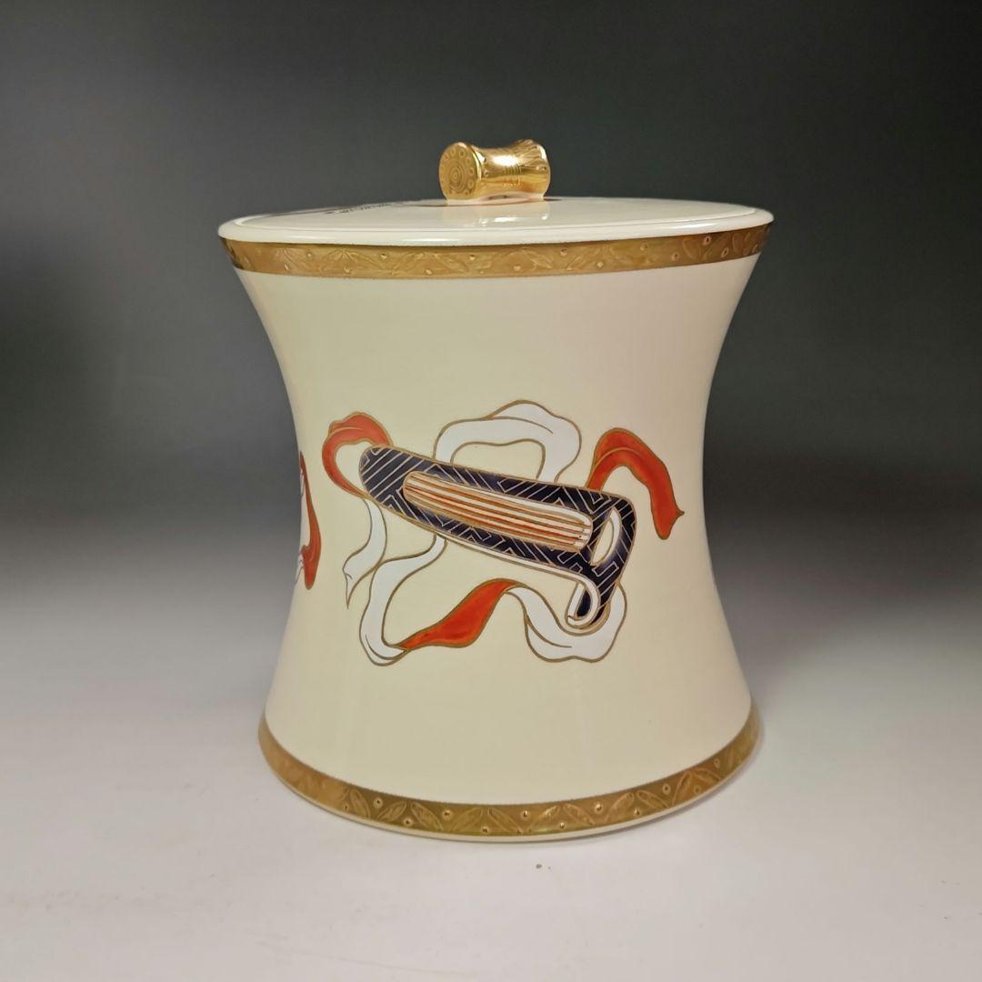 イ696 水指『平安　山岡善昇造』『色絵鼓形楽器尽くし　水指　共箱』茶道具