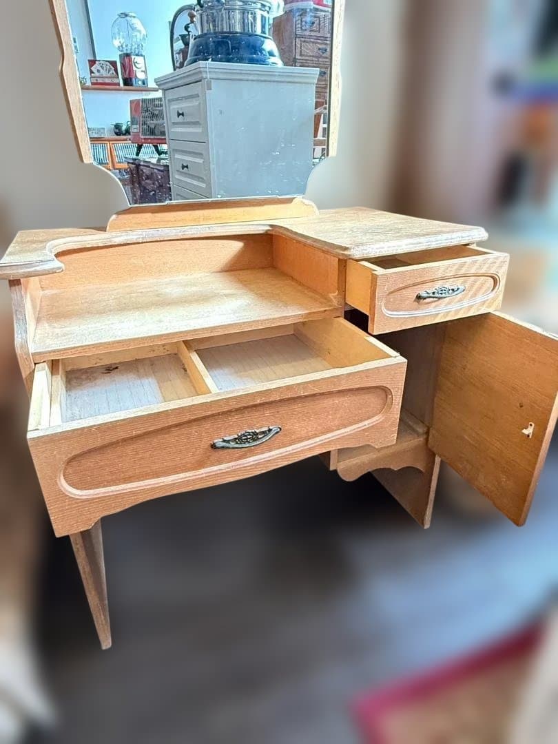 昭和レトロ 木製ドレッサー 鏡台 大型ミラー付き 収納 引き出し付き 幅76cm