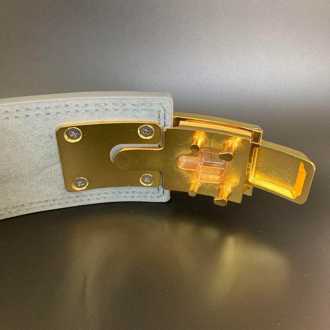 【訳あり】 パワーベルト レバーアクション 本革 グレー×ゴールド 可変式