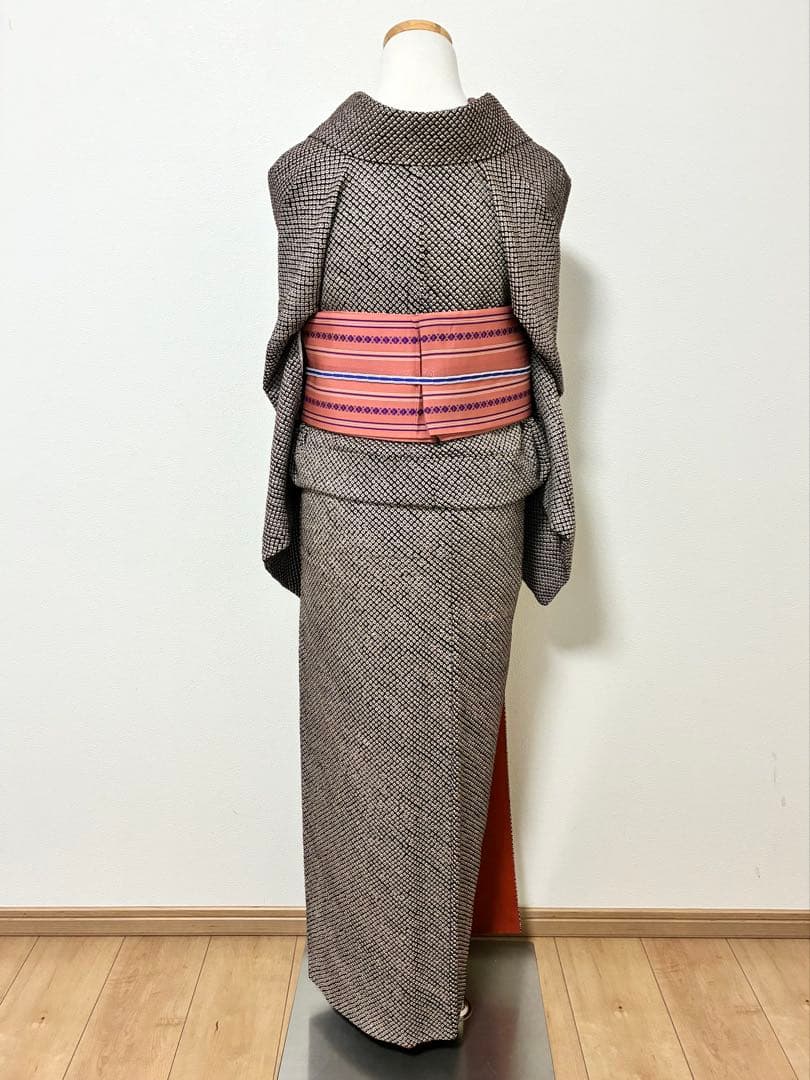 袷　小紋　鹿の子絞り　黒×赤　裄65cm 正絹　おまけ付き