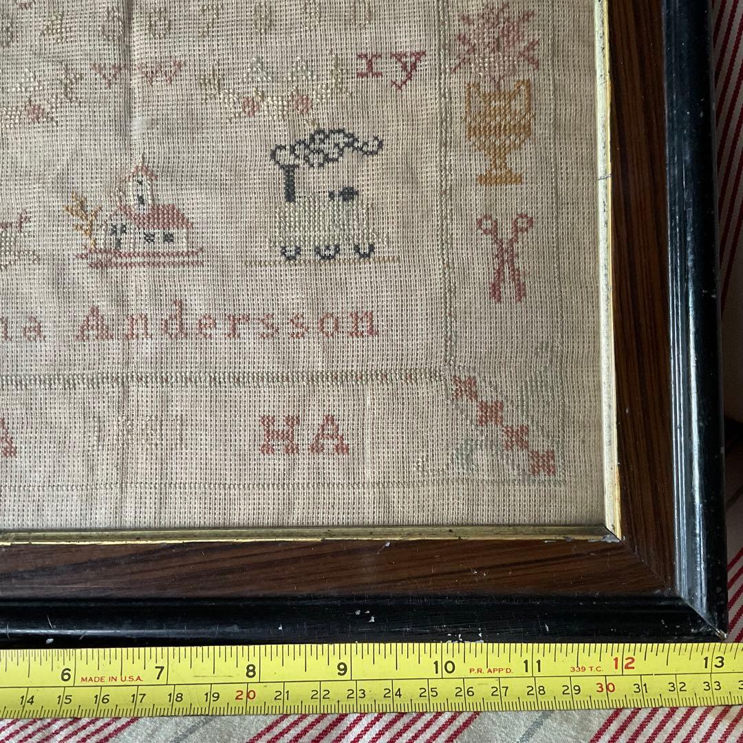 刺繍 フランス アンティーク サンプラー フレーム 1891年 ガラス入り 額装