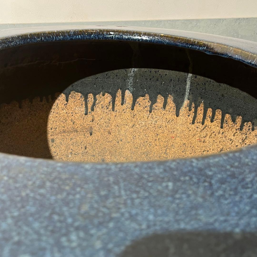 大型火鉢　ブルー　金魚鉢　焼き物　陶器　アクアリウム　大型