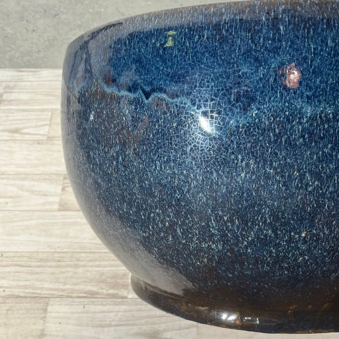 大型火鉢　ブルー　金魚鉢　焼き物　陶器　アクアリウム　大型