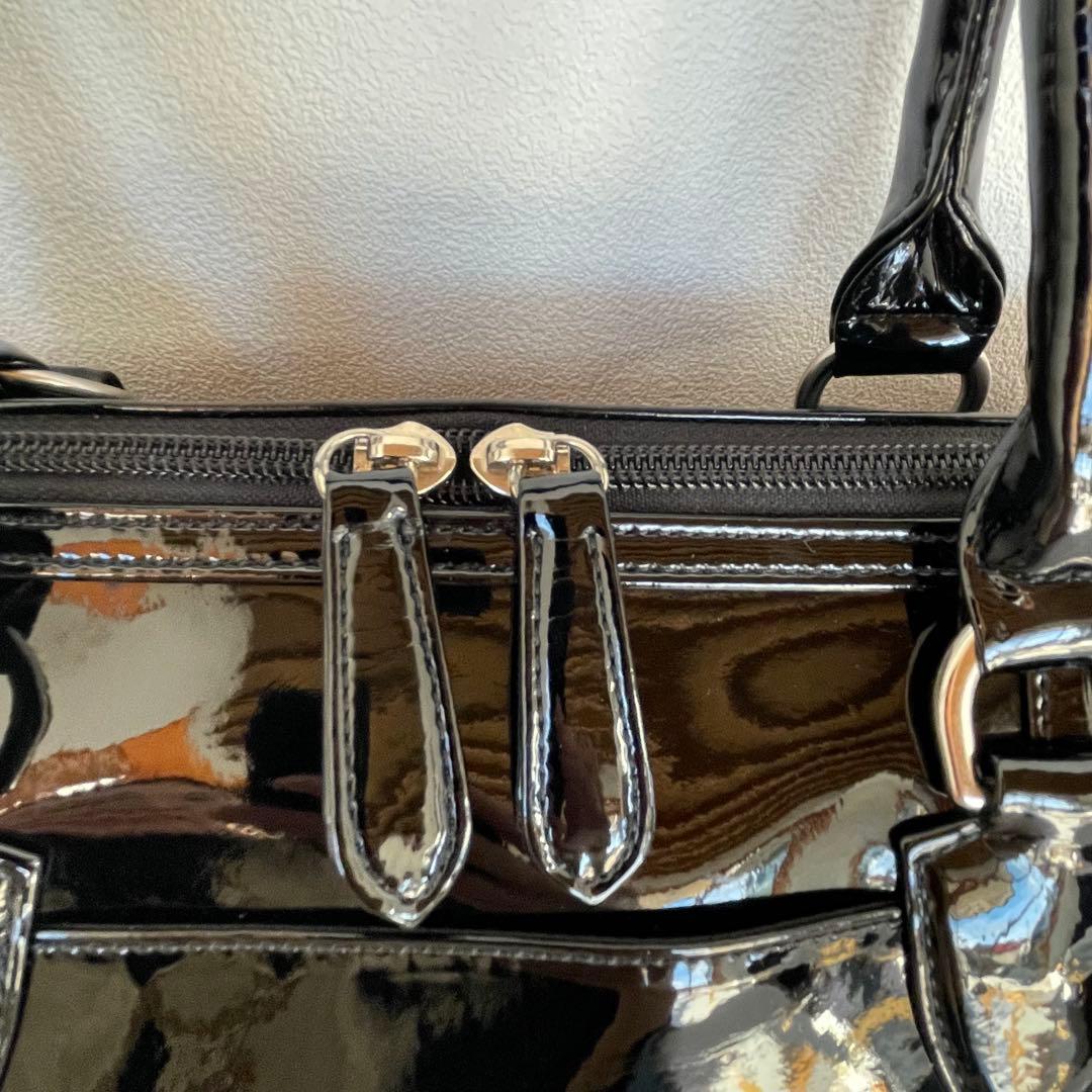 美品☆　濱野皮革工藝 HAMANOエナメルボストンバック　ハンドバック　黒