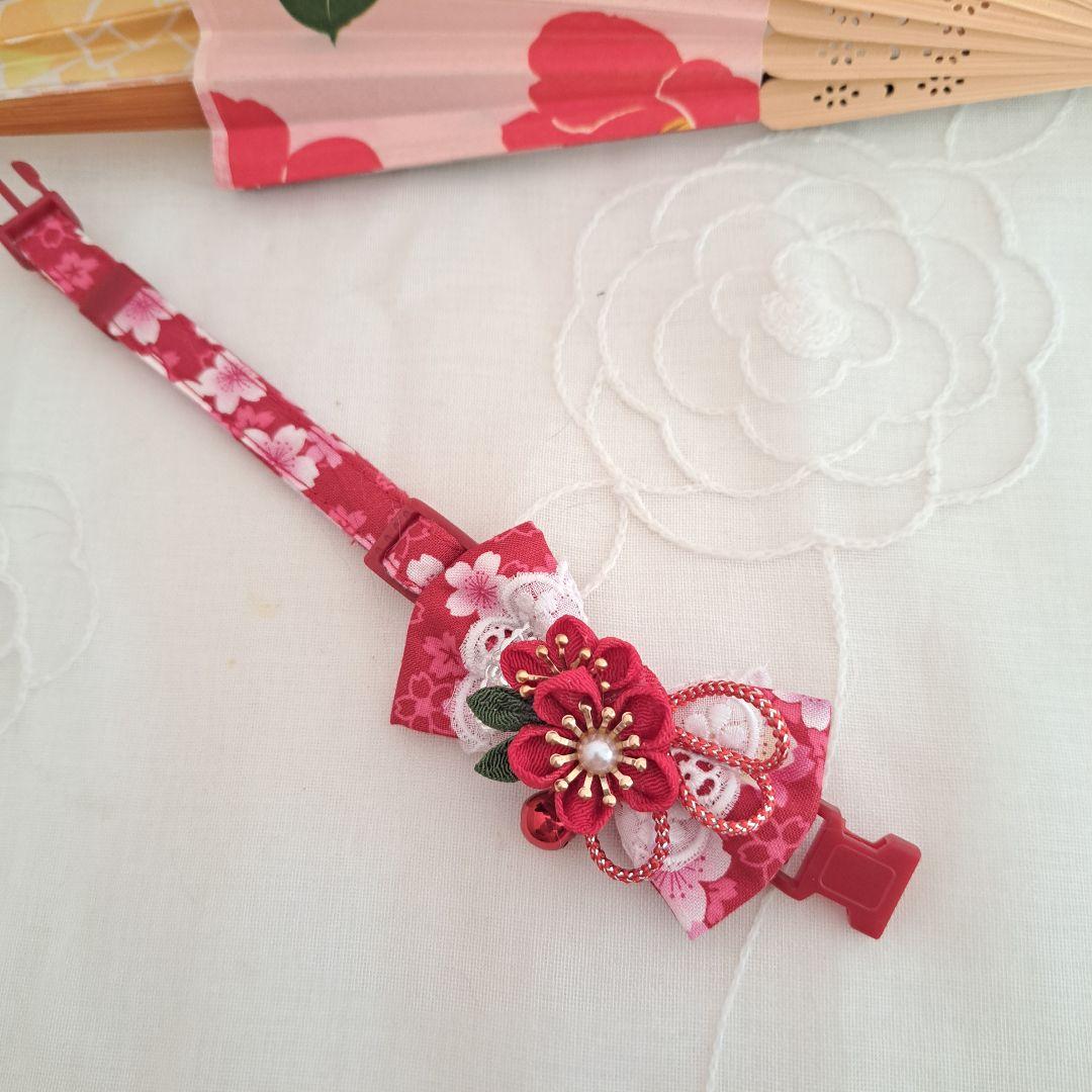 お正月、つまみ細工シングルリボン(赤②)わんちゃん猫ちゃん用首輪