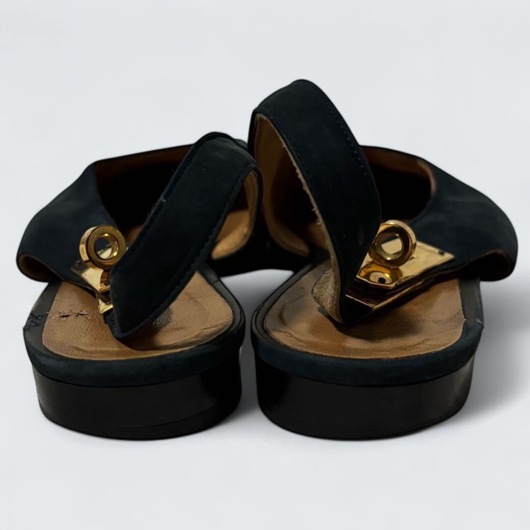 ケリー　HERMES ミュール　カデナ　フラットパンプス　24 濃紺　スエード