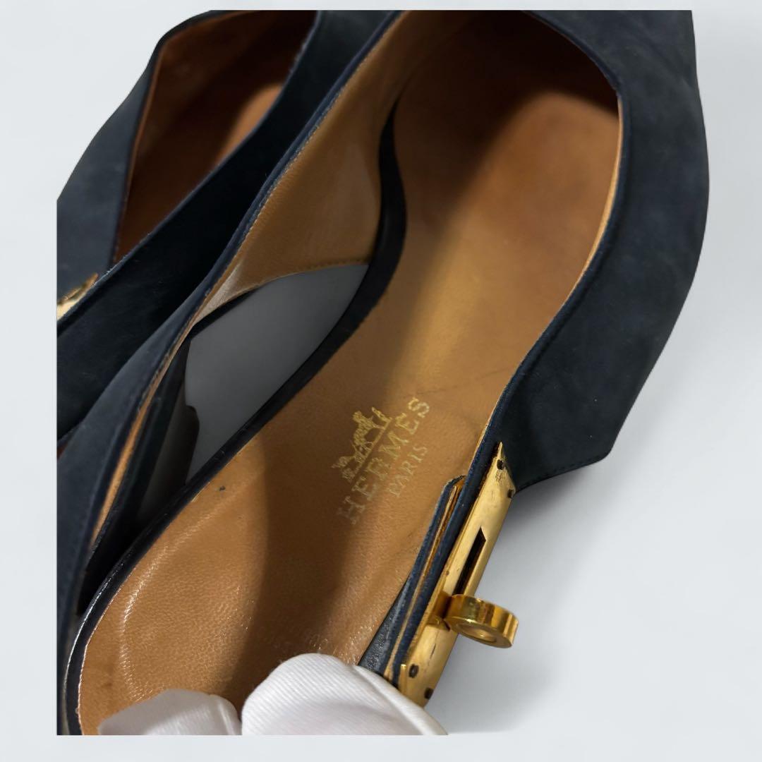 ケリー　HERMES ミュール　カデナ　フラットパンプス　24 濃紺　スエード