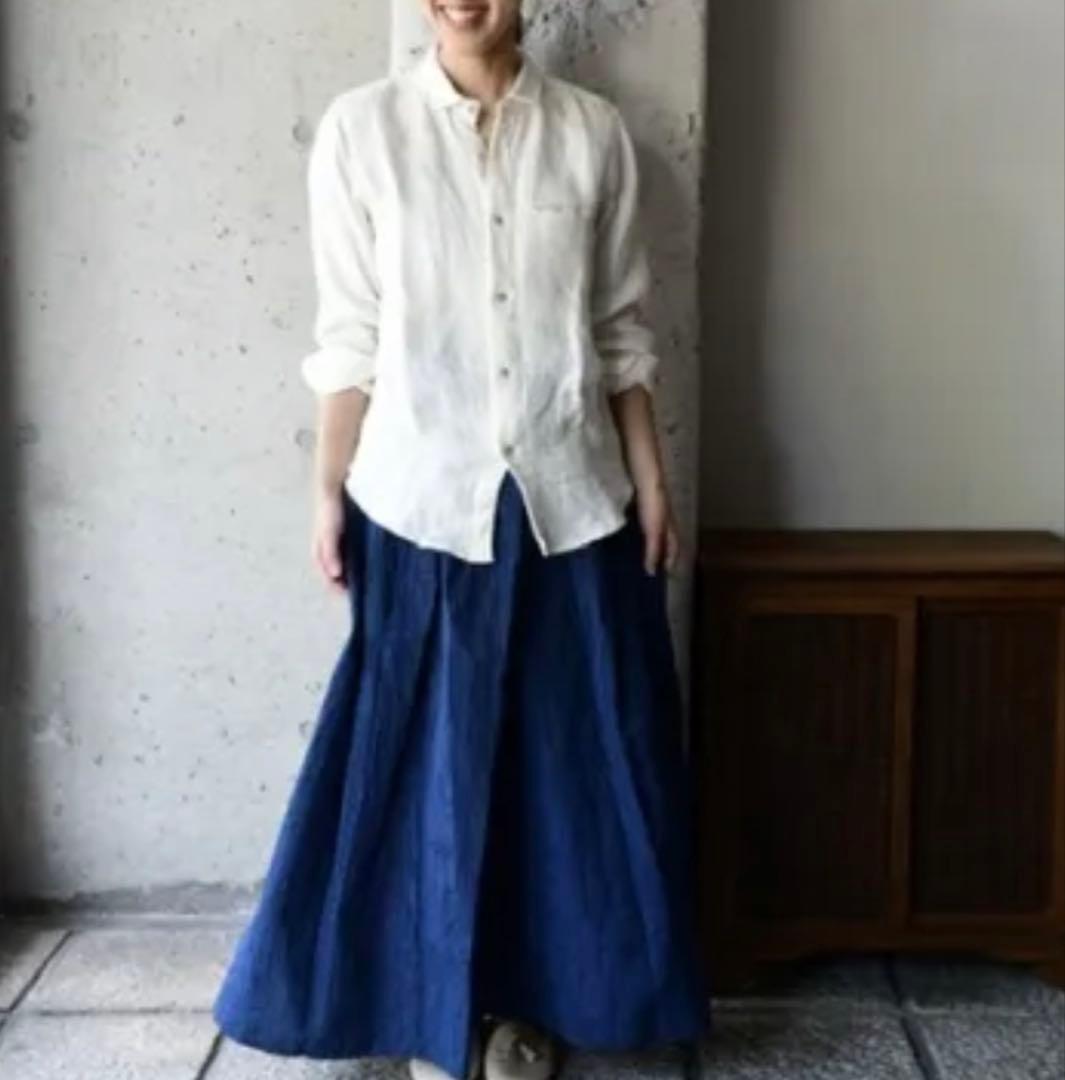 美品★ヤンマ産業　YAMMA リネン　丸襟長袖シャツ　オフホワイト