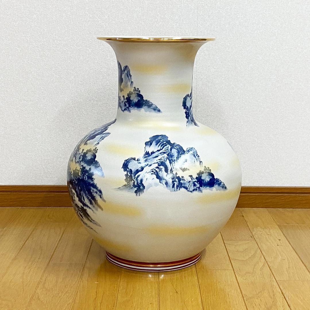 希少 九谷焼 陶勝作 大花瓶 山水風景図 金彩 大壺