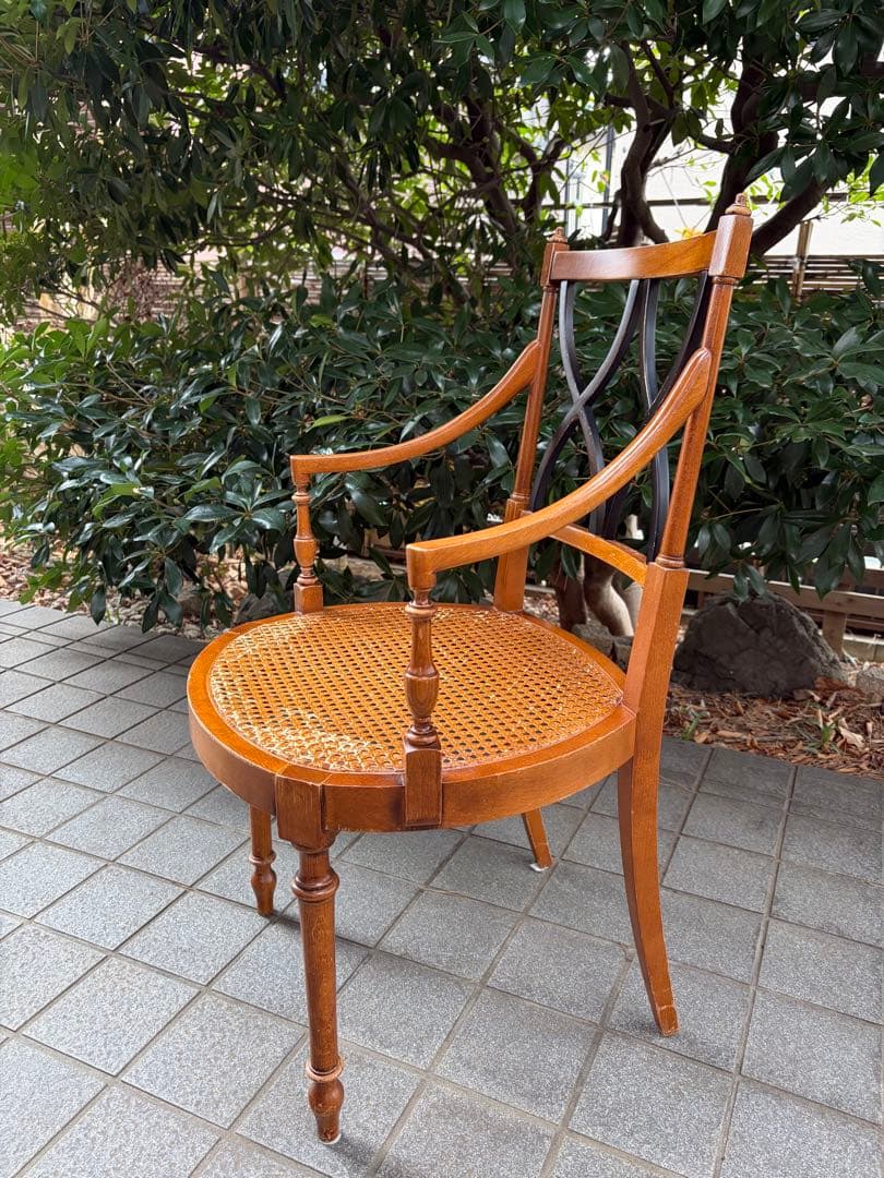 アンティーク 木製アームチェア クロスバック ランタン編み アールデコ 椅子