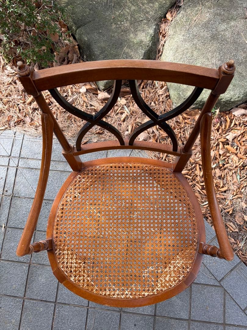 アンティーク 木製アームチェア クロスバック ランタン編み アールデコ 椅子