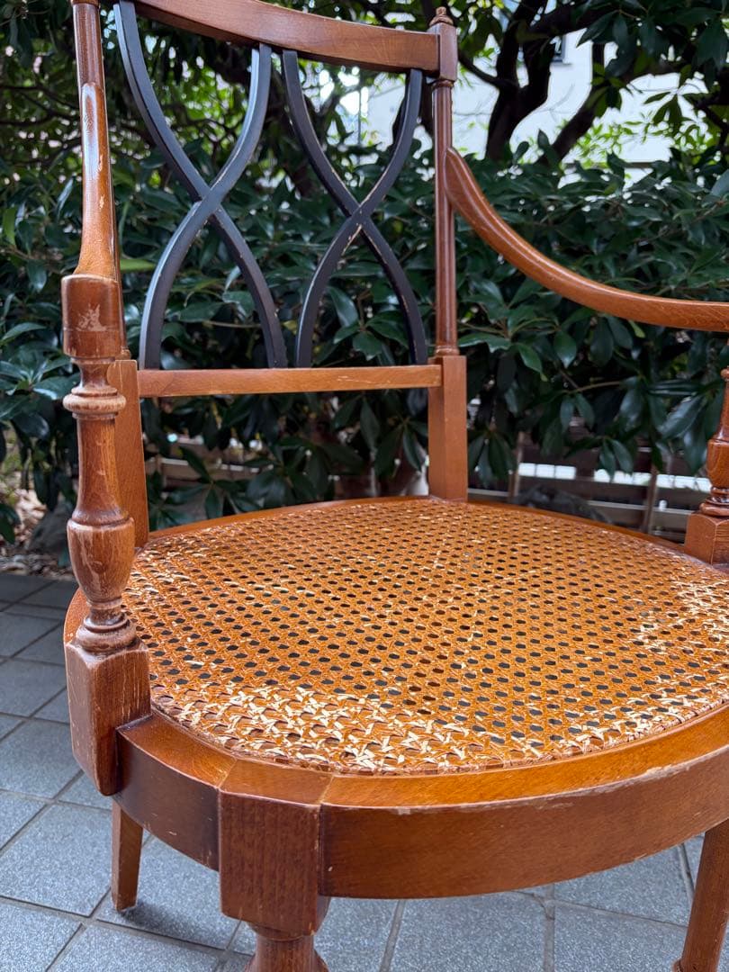 アンティーク 木製アームチェア クロスバック ランタン編み アールデコ 椅子