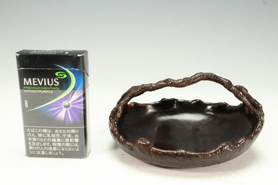 紫檀 刻 手付 皿 13.5cmx12cm 文房四宝(K-HA489)