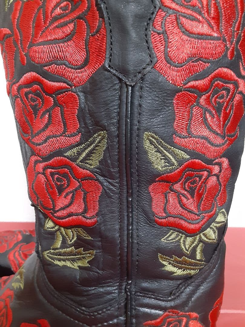 バラ刺繍 黒 レザー ウエスタンブーツ　23.5
