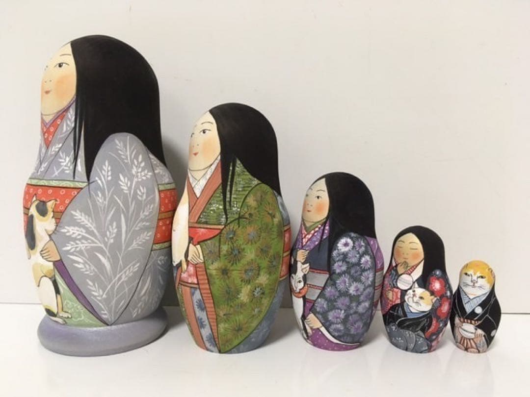 ロシア雑貨☆着物マトリョーシカ(5P)和風猫 ボボワ作 オマケ付き♪