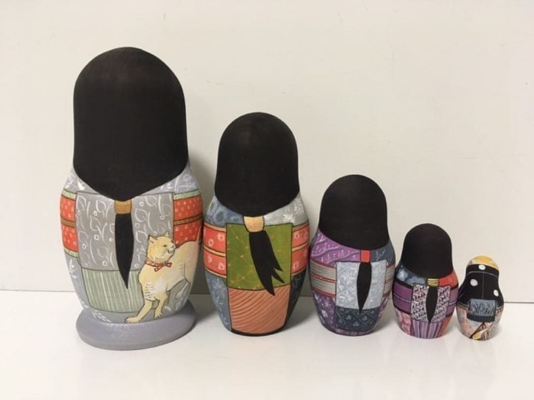 ロシア雑貨☆着物マトリョーシカ(5P)和風猫 ボボワ作 オマケ付き♪