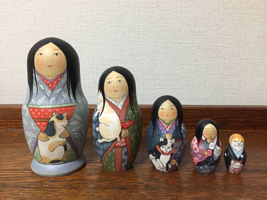 ロシア雑貨☆着物マトリョーシカ(5P)和風猫 ボボワ作 オマケ付き♪