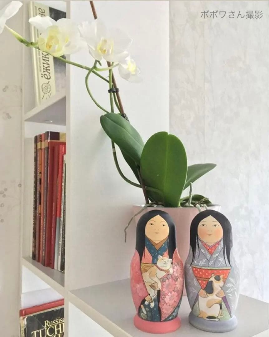 ロシア雑貨☆着物マトリョーシカ(5P)和風猫 ボボワ作 オマケ付き♪